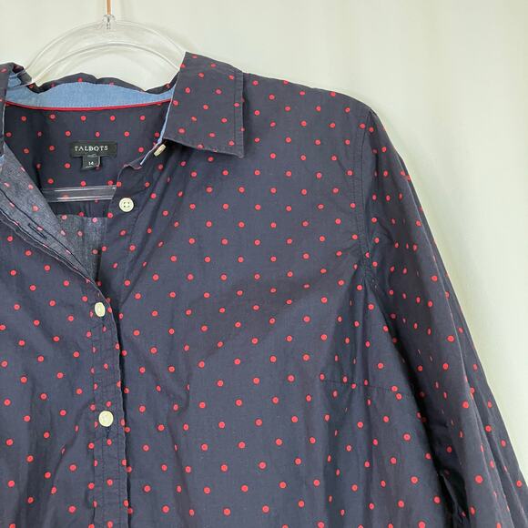 Talbots | Navy Red Polka Dot 100% Cotton Button Up Shirt Womens 14 - Picture 2 of 7